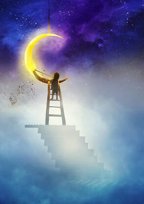 An illustration of a young person at the top of a set of stairs, standing on a ladder, dusting a crescent moon.
